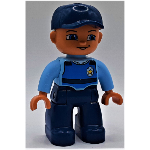 Lego Duplo Figure with Cap Dark Blue, with Dark Blue Legs, Life Jacket and Police Badge Print / Bright Light Blue