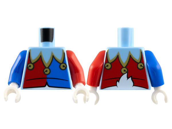 Lego Torso Jester Collar with Gold Trim and Bells, Red and Blue Panels, White Duck Tail on Back Pattern / Red Arm Left / Blue Arm Right / White Hands
