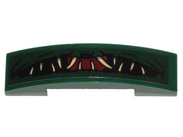Lego Slope, Curved 4 x 1 x 2/3 Double with Black Mouth, Red Tongue and Tan Teeth Pattern (Sticker) - Set 76207 / Dark Green