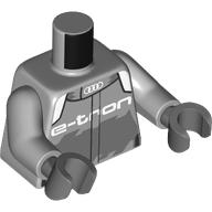 Lego Torso, Racing Suit, White Collar, Audi Logo, White 'E-TRON' Print, Light Bluish Gray Arms, Dark Bluish Gray Hands / Light Bluish Gray