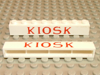 Lego Brick 1 x 8 without Bottom Tubes with Cross Side Supports with Red 'KIOSK' Serif Thin Pattern