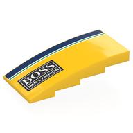 Lego Brick Curved 4 x 8 x 1 2/3 No Studs with Dark Blue/White/Green Stripes, White BOSS MAN'S FASHION' on Black Background Print