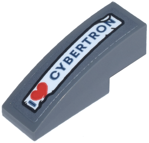 Lego Slope, Curved 3 x 1 with Red and Dark Blue 'I Heart CYBERTRON' on White Bumper Sticker Pattern (Sticker) - Set 10338