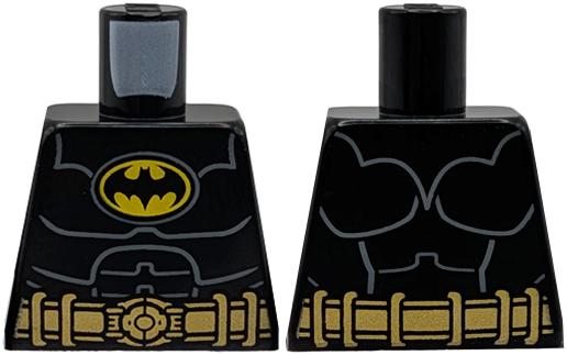 Lego Torso Batman Suit with Bat in Yellow Oval Logo, Gold Utility Belt, Dark Bluish Gray Muscles Outline Pattern / Black