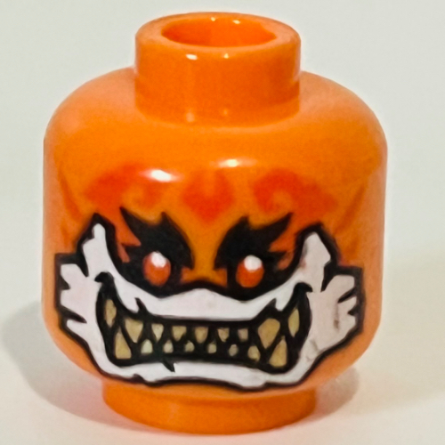 Lego Minifig Head Rox, Thick Black Eyebrows, Orange Eyes, Big White Mouth, Tan Sharp Teeth, Angry