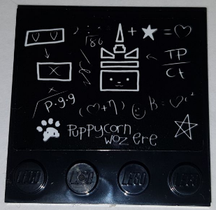 Lego Tile, Modified 4 x 4 with Studs on Edge with Blackboard with 'Puppycorn woz ere' Pattern (Sticker) - Set 41454 / Black