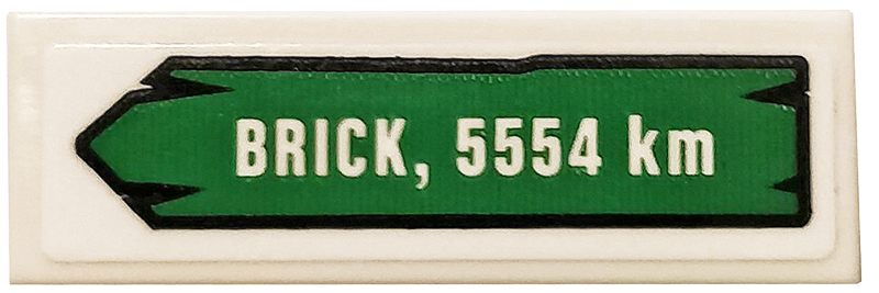 Lego Tile 1 x 3 with 'BRICK, 5554 km' on Green Road Sign Pattern (Sticker) - Set 40353 / White