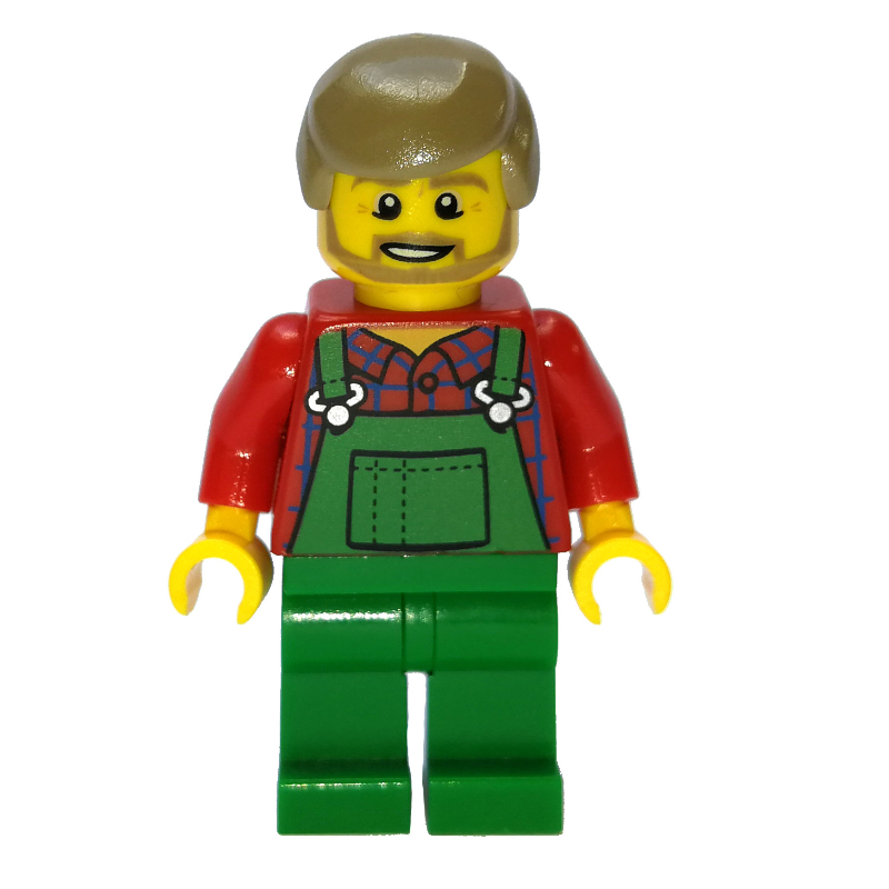Lego Man, Green Overalls over Red Shirt, Dark Tan Hair, Beard
