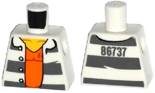 Lego Torso Town Prisoner Number 86737, Dark Bluish Gray Stripes, Orange Shirt Pattern / White