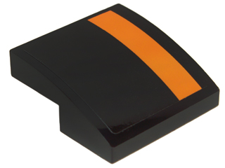 Lego Slope, Curved 2 x 2 x 2/3 with Orange Stripe on Left Edge on Black Background Pattern (Sticker) - Set 75102 / Black