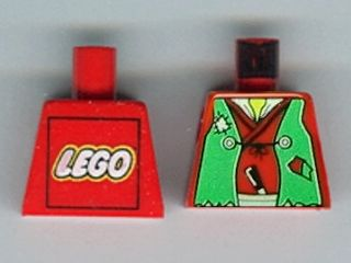 Lego Torso Castle Ninja Vest Green Tattered Pattern (Robber) - LEGO Logo on Back / Red