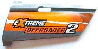 Lego Technic, Panel Fairing #20 Large Long, Small Hole, Side A with 'EXTREME OFFROADER 2' Pattern (Sticker) - Set 8297 / Dark Bluish Gray