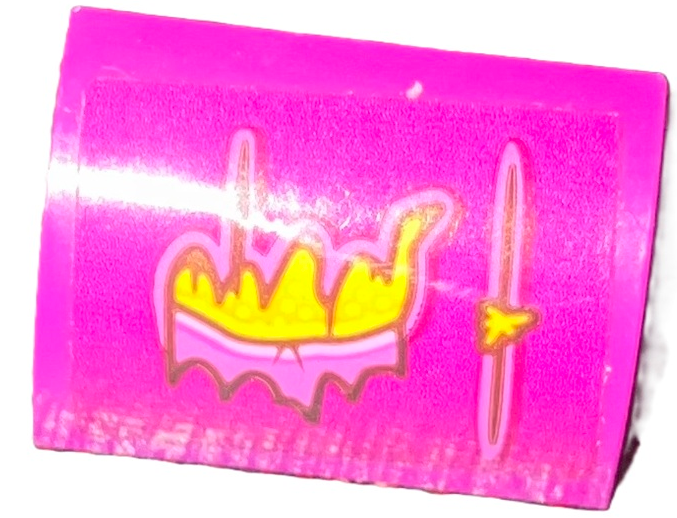 Lego Slope, Curved 1 x 2 with Bottom Stud Holder with Ripped Cushion Fabric with Dark Pink Tears and Yellow Foam Pattern (Sticker) - Set 41742 / Magenta