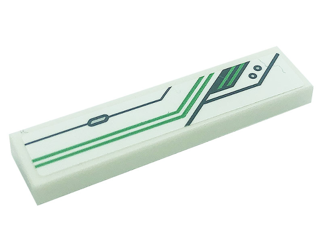 Lego Tile 1 x 4 with Black and Bright Green Lines and Silver Dots Pattern Model Left Side (Sticker) - Set 80020 / White