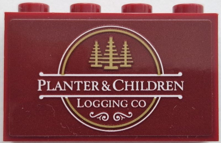Lego Panel 1 x 4 x 2 with Side Supports - Hollow Studs with 3 Dark Tan Pine Trees in Circle and White 'PLANTER & CHILDREN' and 'LOGGING CO' Pattern (Sticker) - Set 910035