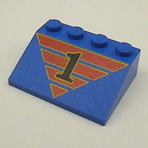 Lego Brick Sloped 33° 3 x 4 with Black '1' on Red Striped Triangle Print / Blue