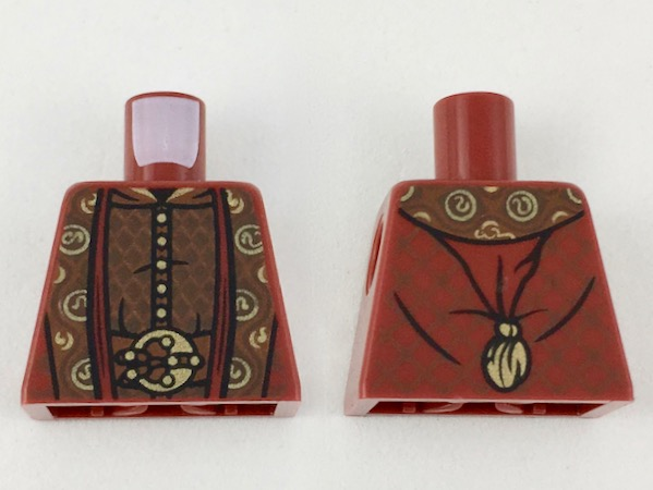 Lego Torso Ornate Robe with Long Scarves, Gold, Reddish Brown and Dark Brown Details Pattern / Dark Red
