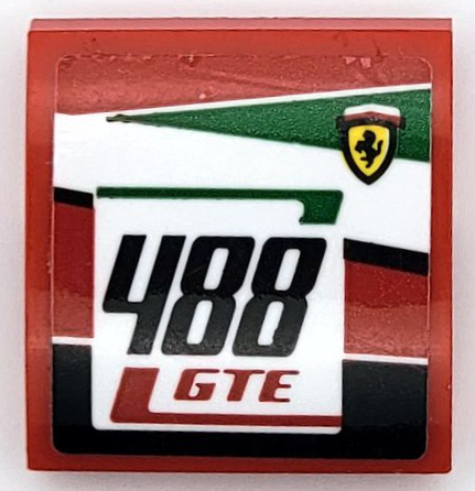 Lego Slope, Curved 2 x 2 x 2/3 with Ferrari Logo, Black '488' and Red 'GTE' Pattern Model Right Side (Sticker) - Set 75889 / Red