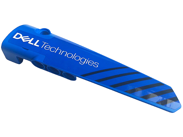 Lego Technic, Panel Fairing # 5 Long Smooth, Side A with Black Diagonal Stripes and White 'DELL Technologies' Pattern (Sticker) - Set 42141 / Blue