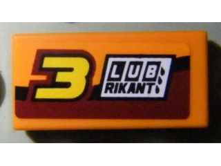 Lego Tile 1 x 2 with Number 3 and 'LUBRIKANT' Pattern Model Right Side (Sticker) - Set 8304 / Orange