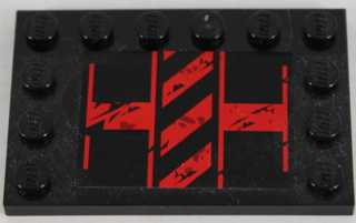 Lego Tile, Modified 4 x 6 with Studs on Edges with Black and Red Danger Stripes Pattern Model Left Side (Sticker) - Set 8864 / Black
