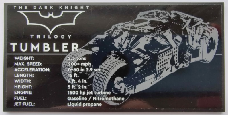 Lego Tile 8 x 16 with Bottom Tubes, Textured Surface with Batman Logo, 'THE DARK KNIGHT TRILOGY' and 'TUMBLER' Pattern (Sticker) - Set 76240