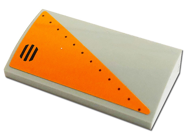 Lego Slope, Curved 2 x 4 x 2/3 with Bottom Tubes with Orange Triangle with Rivets and Black Grille Pattern Model Right Side (Sticker) - Set 76193