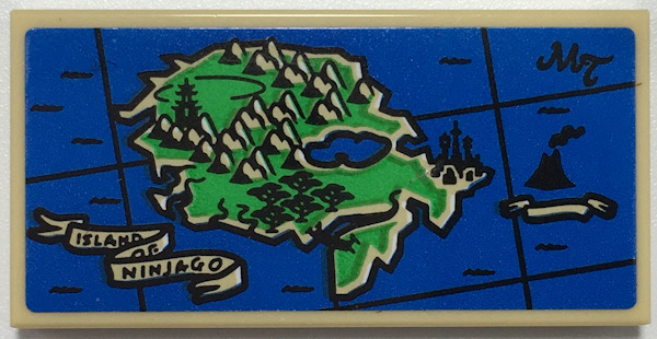 Lego Tile 2 x 4 with Map Island with Mountains, 'MT', Volcano and 'ISLAND OF NINJAGO' Pattern (Sticker) - Set 70657 / Tan
