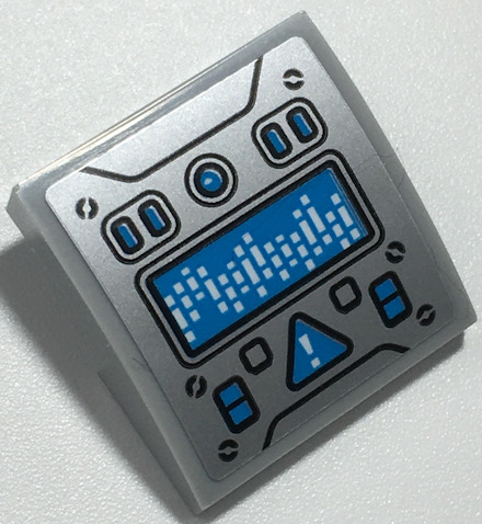 Lego Slope, Curved 2 x 2 x 2/3 with Dark Azure Screen, Buttons, and Warning Triangle on Silver Background Pattern (Sticker) - Set 70435 / Light Bluish Gray