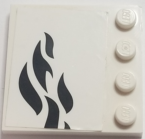 Lego Tile, Modified 4 x 4 with Studs on Edge with Black Flames Pattern Model Right Side (Sticker) - Set 70615 / White