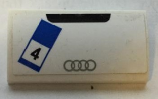 Lego Slope, Curved 2 x 4 x 2/3 with Bottom Tubes with Silver Audi Logo and Black '4' in Blue and White Rectangle Pattern (Sticker) - Set 75873