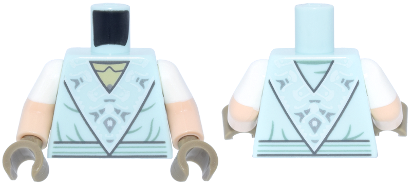 Lego Torso Dress with Triangle Panel with White and Silver Floral Motif, Sand Green Folds and Belt Pattern / Light Nougat Arms with Molded White Short Sleeves Pattern / Olive Green Hands