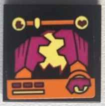 Lego Tile 2 x 2 with Video Game Screen with Health Bar, Magenta and Orange Minifigure Arms and Gorilla Fist Hands and Bright Light Yellow Fire Pattern (Sticker) - Set 60388 / Black
