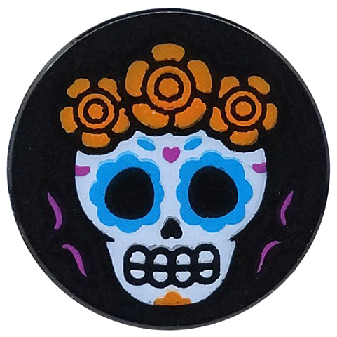Lego Tile, Round 2 x 2 with Bottom Stud Holder with White Skull with Dark Azure Eyes, Orange Flowers Pattern