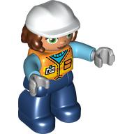 Lego Duplo Figure with Construction Helmet White and Reddish Brown Hair, Dark Blue Legs, Safety Vest Print