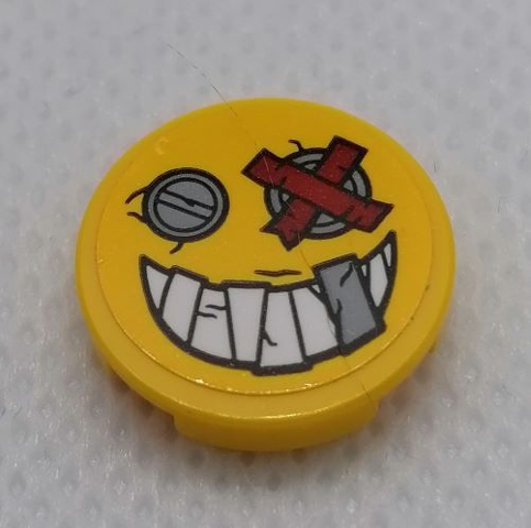 Lego Tile, Round 2 x 2 with Bottom Stud Holder with Smile Face, Metal Plate Eyes, Teeth and Red Bandage Pattern (Sticker) - Set 75977