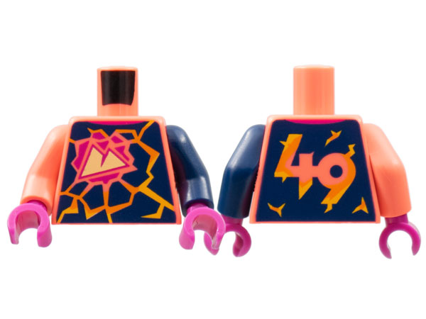 Lego Torso Lego Sport Mountains Logo, Orange Lava Cracks in Black Rock, '49' on Back Pattern / Dark Blue Arm Left / Coral Arm Right / Magenta Hands