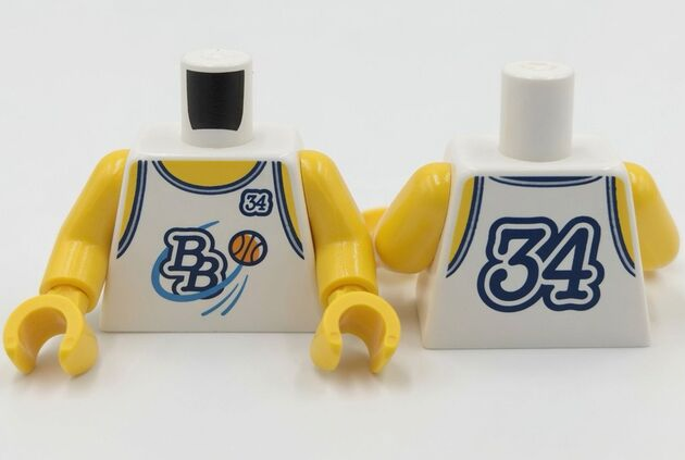 Lego Torso Basketball Jersey Tank Top with Dark Blue '34' and 'BB' Logo, Orange Basketball, Yellow Neck and Shoulders Pattern (BAM) / Yellow Arms / Yellow Hands
