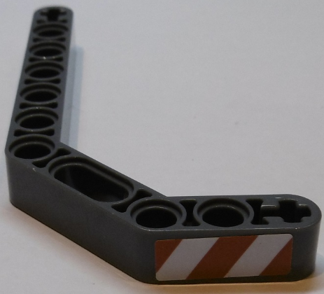 Lego Technic, Liftarm, Modified Bent Thick 1 x 11.5 Double with Red and White Danger Stripes Pattern Model Right Side (Sticker) - Set 42055 / Dark Bluish Gray