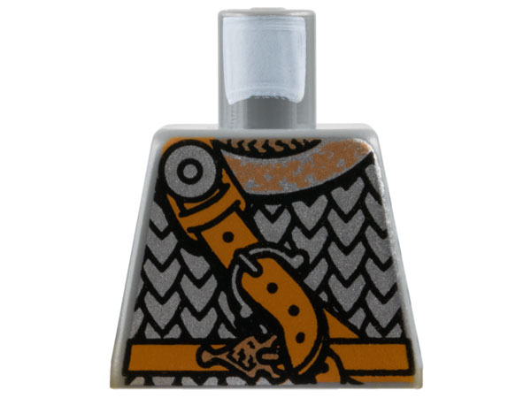 Lego Torso Viking Silver Scale Mail Armor, Dark Orange Belt with Copper Buckle, Diagonal Strap Pattern / Dark Bluish Gray