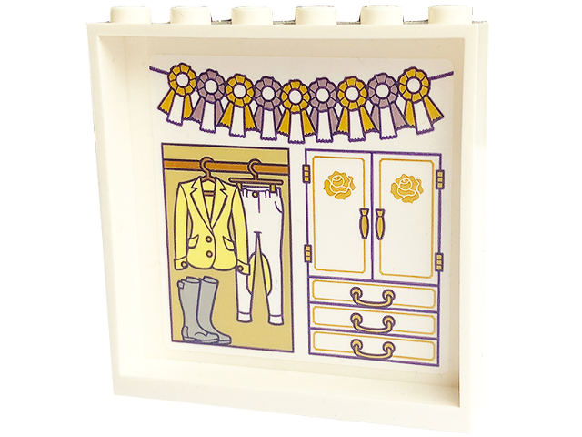 Lego Panel 1 x 6 x 5 with Gold and Bright Pink Bows and Wardrobe with Bright Light Yellow Jacket, White Riding Breeches, and Boots Pattern (Sticker) - Set 43195 / White