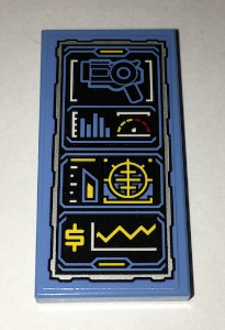 Lego Tile 2 x 4 with Batcomputer Grappling Gun and Wayne Fortune Status Pattern (Sticker) - Set 70909 / Medium Blue