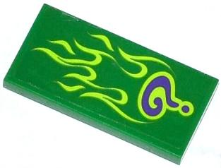 Lego Tile 2 x 4 with Dark Purple Question Mark and Lime Flames Pattern (Sticker) - Set 76012 / Green
