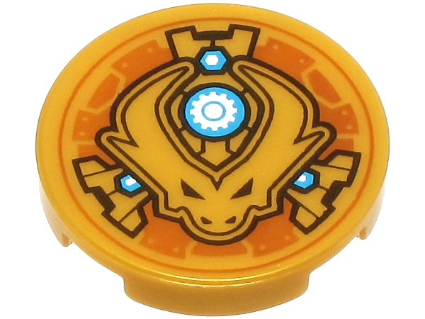 Lego Tile, Round 2 x 2 with Bottom Stud Holder with Dragon Head with Horns and Black Eyes, Dark Azure and White Nuts and Gear in Circle Pattern / Pearl Gold