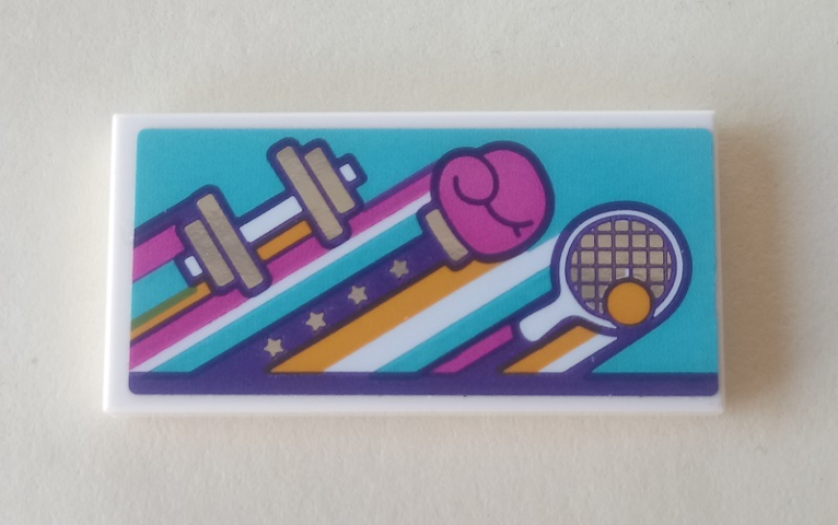 Lego Tile 2 x 4 with Weights, Boxing Glove and Tennis Racket on Medium Azure Background Pattern (Sticker) - Set 41312 / White