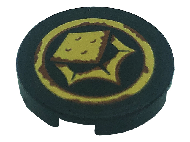 Lego Tile, Round 2 x 2 with Bottom Stud Holder with Gold Skull, Ring and Reddish Brown Rust Pattern (Sticker) - Set 71755