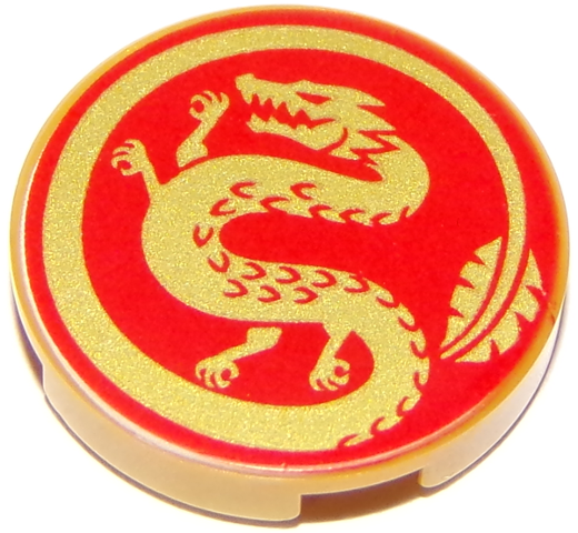 Lego Tile, Round 2 x 2 with Bottom Stud Holder with Gold Dragon on Red Background Pattern