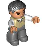 Lego Duplo Figure with Parted Wavy Hair Black, with Dark Bluish Gray Legs, Tan Sweater Vest, White Arms, Brown Eyes