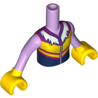 Lego Minidoll Torso Girl with Magenta, Yellow and Black Zipper Ski Vest with Fur Collar Print, Lavender Arms with Yellow Hands Print / Lavender