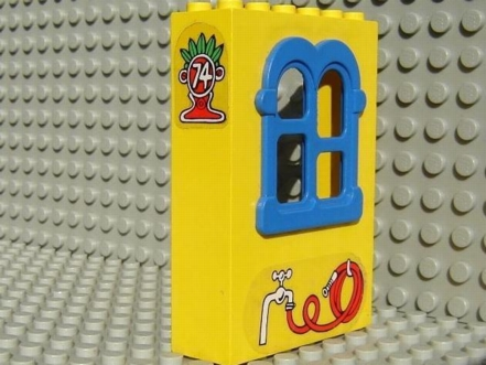 Lego Fabuland Building Wall 2 x 6 x 7 with Squared Blue Window with Garden Hose and No 74 Pattern (Sticker) - Set 3674 / Yellow